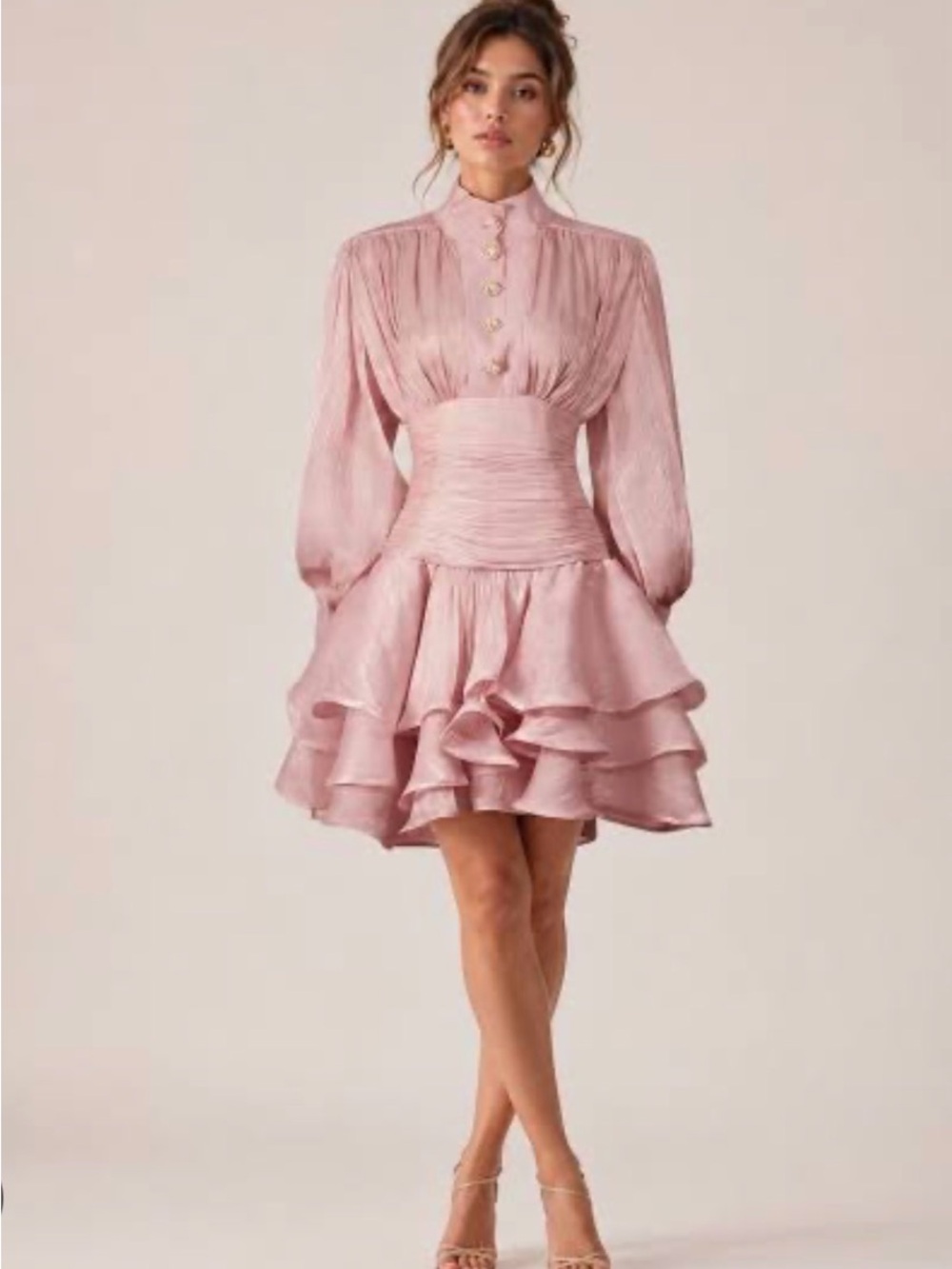 High-Neck Pink Ruffle-Trim Mini Dress